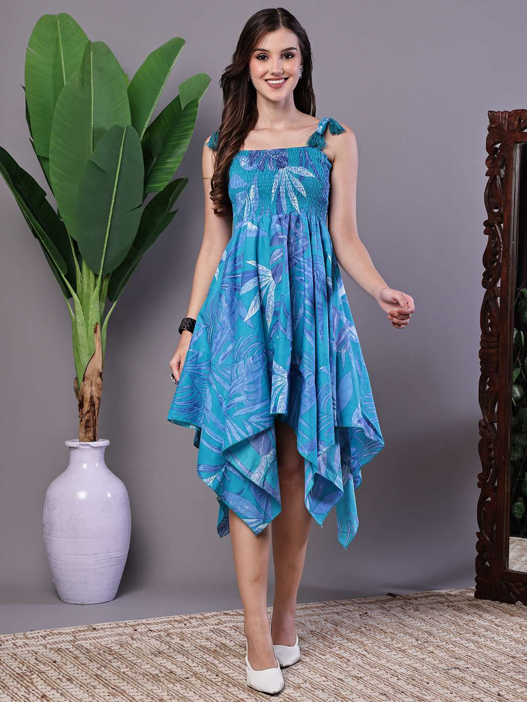 Women's Blue Printed Asymmetrical Hem Smocked A-Line Dress Midi Dresses