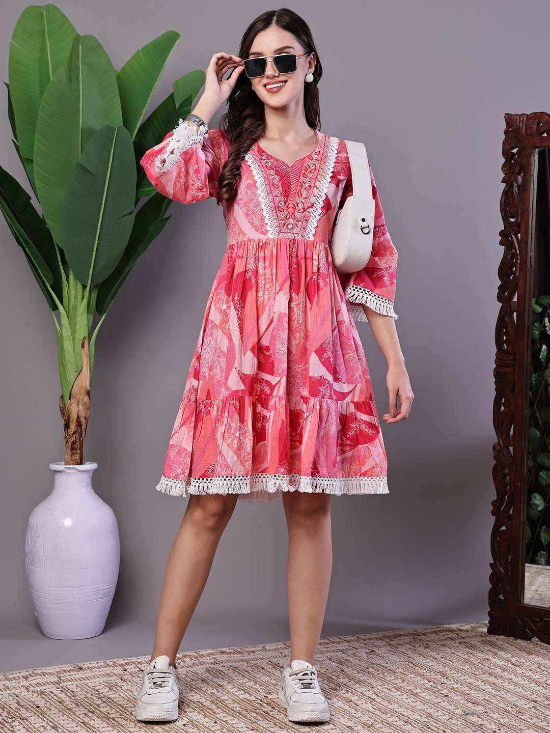 Wome's Pink Floral Printed Cotton A-Line Dress with Embroidered Yoke Midi Dresses - Image 4